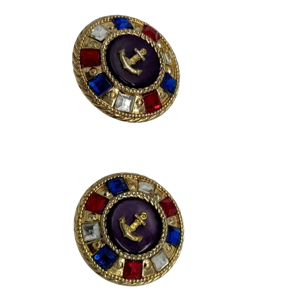 VTG Nautical Anchor Clip On Earrings Navy Gold Red Blue Clear Crystal Sailor 80s